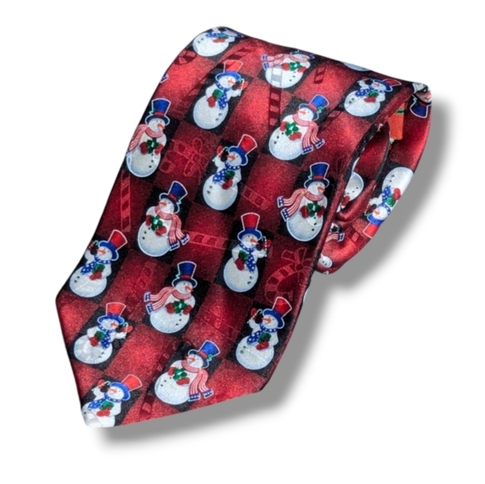 Hallmark Snowman Silk Tie Holiday Candy Cane Yule Greetings Red Frosty Winter
